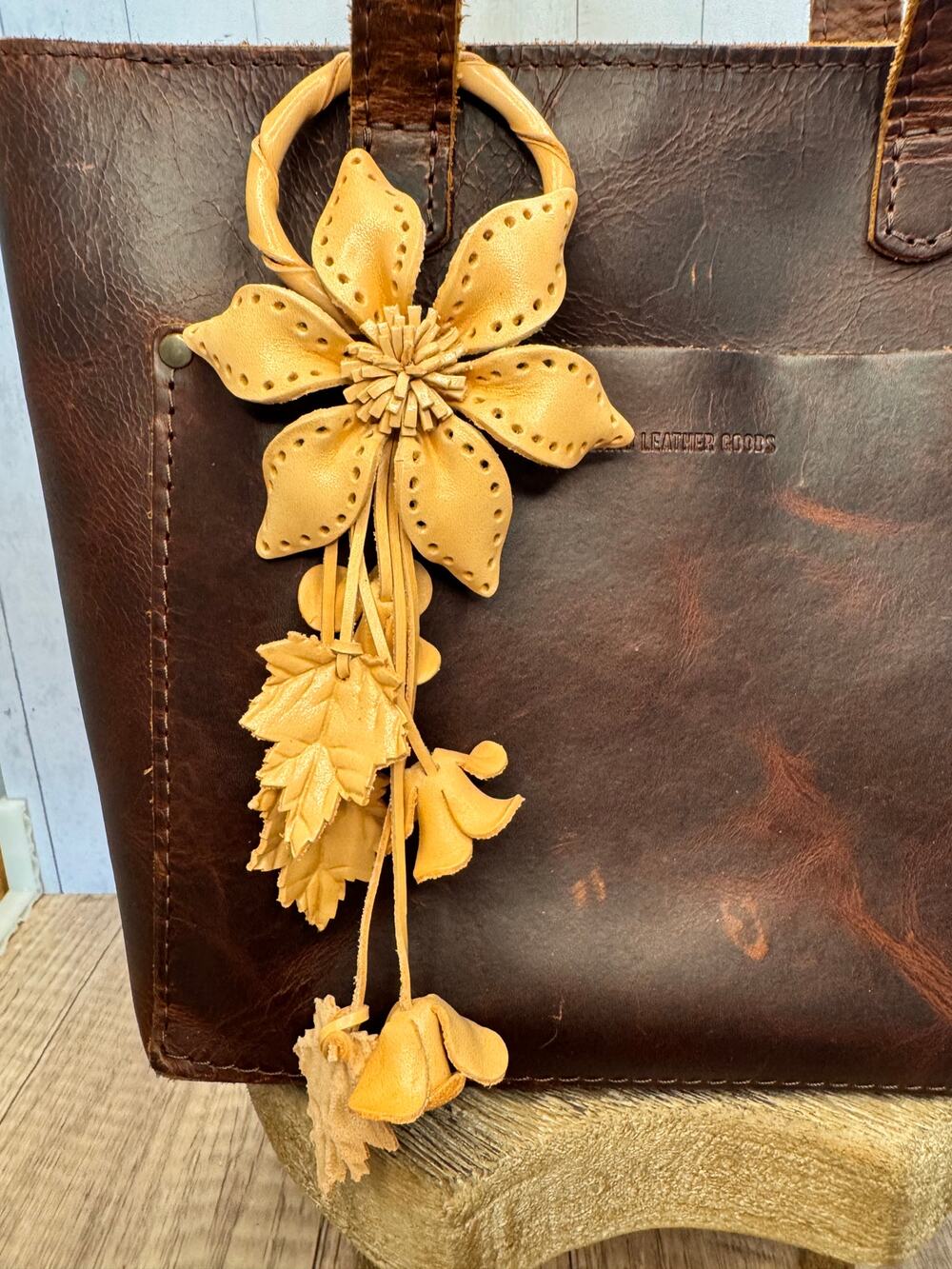 Neutral Daisy Leather Flower Purse Charm Genuine Leather Tan Bag Charms